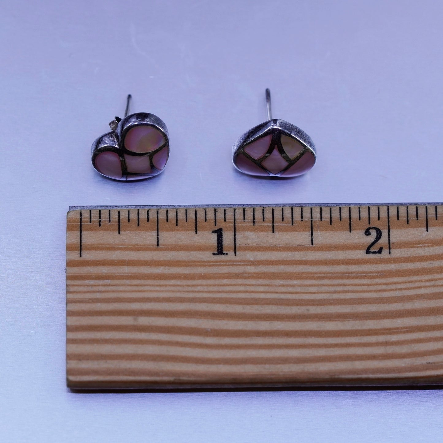 Vintage Sterling 925 silver earrings, heart studs with pink mother of pearl