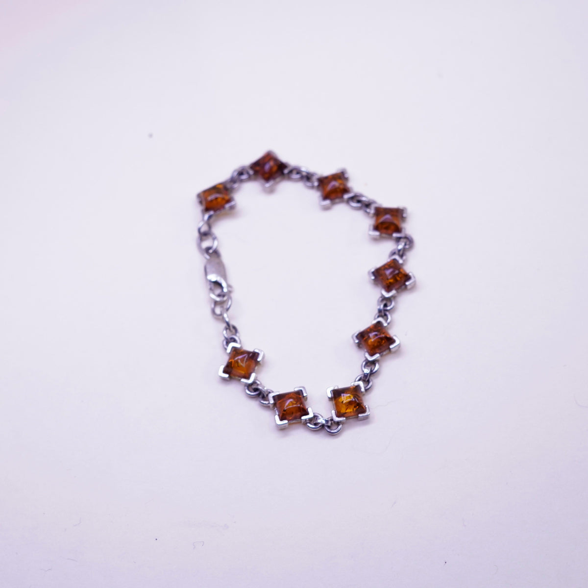 6.5”, Vintage sterling 925 silver handmade tennis bracelet with square amber