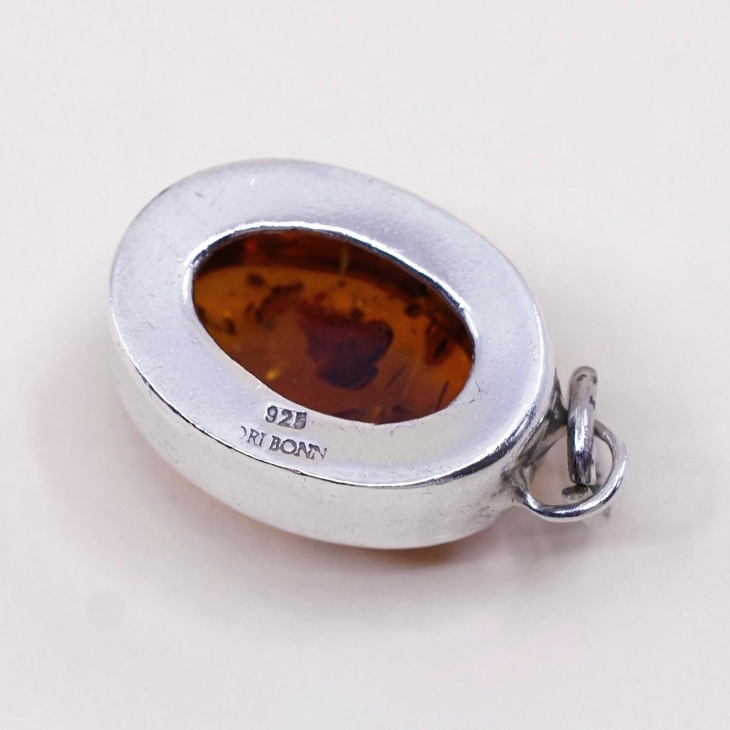 Vintage Lori Bonn sterling 925 silver handmade pendant with oval amber