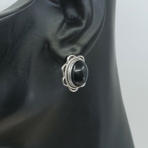 Vintage Sterling Silver Handmade Earrings, 925 Silver Studs W/ Obsidian N Cable