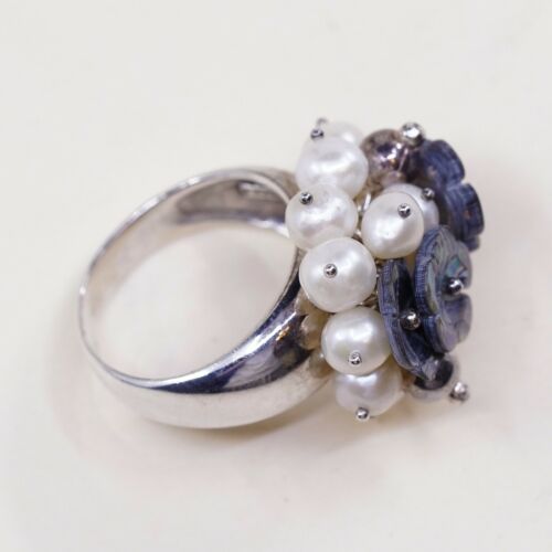 Sz 8.5, vintage Sterling 925 Silver Ring W/ Abalone flower N cluster Pearl