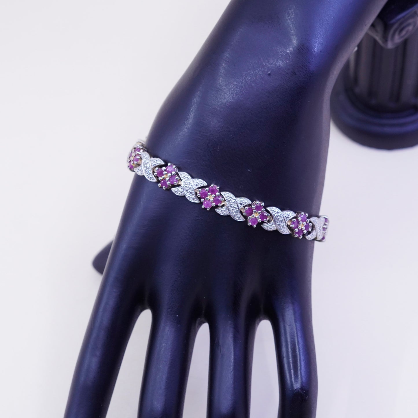 7.5”, vermeil gold over Sterling 925 silver tennis bracelet ruby flower diamond