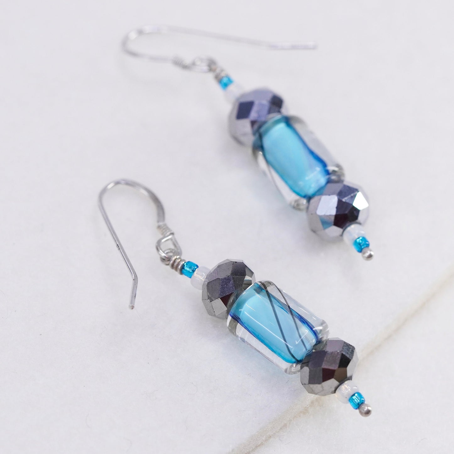 vintage Sterling silver handmade earrings, 925 blue glass tube