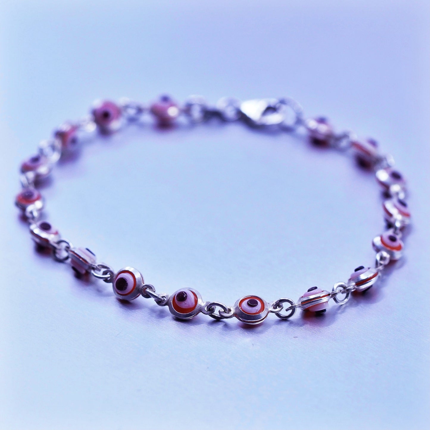 7”, Sterling 925 silver handmade bracelet chain with red evil eye glass beads