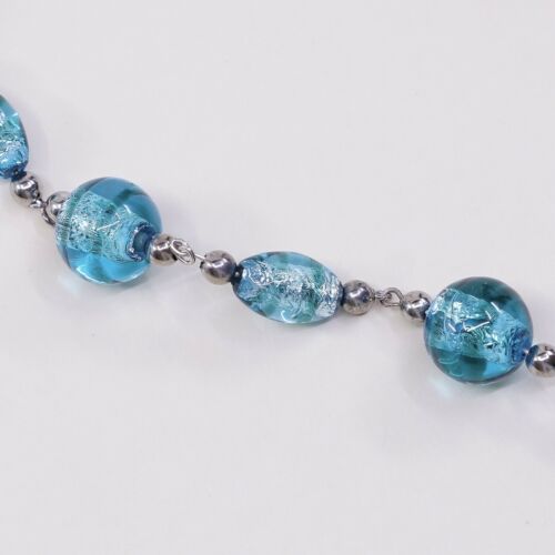 7.25”, Vtg Handmade Bracelet W/ Blue Foiled Glass N Sterling 925 Silver Clasp