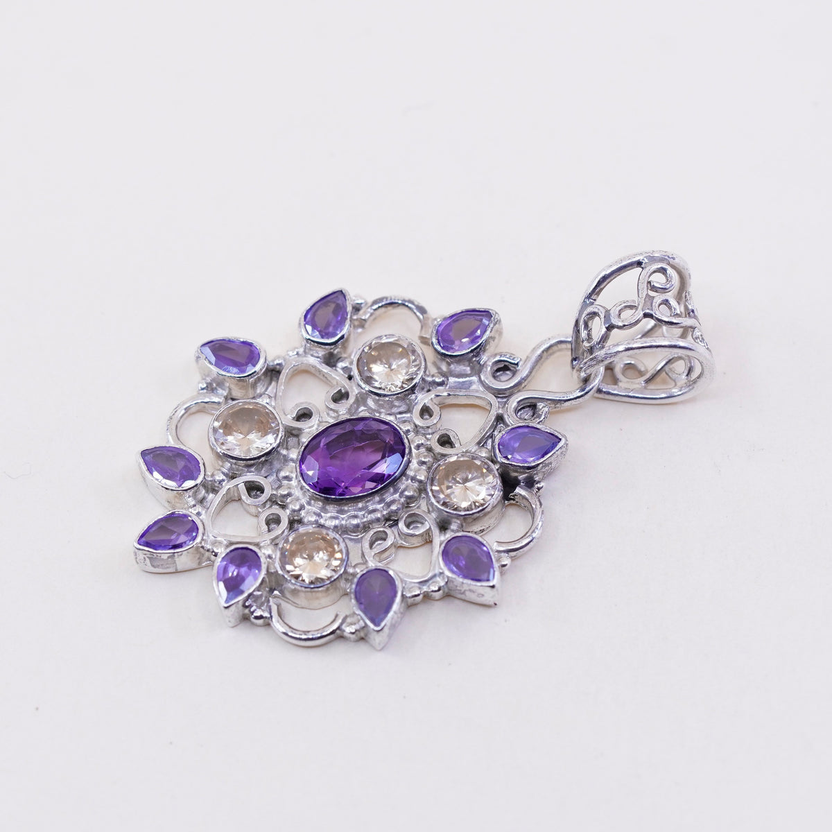 Sterling 925 silver handmade filigree flower pendant with amethyst and citrine