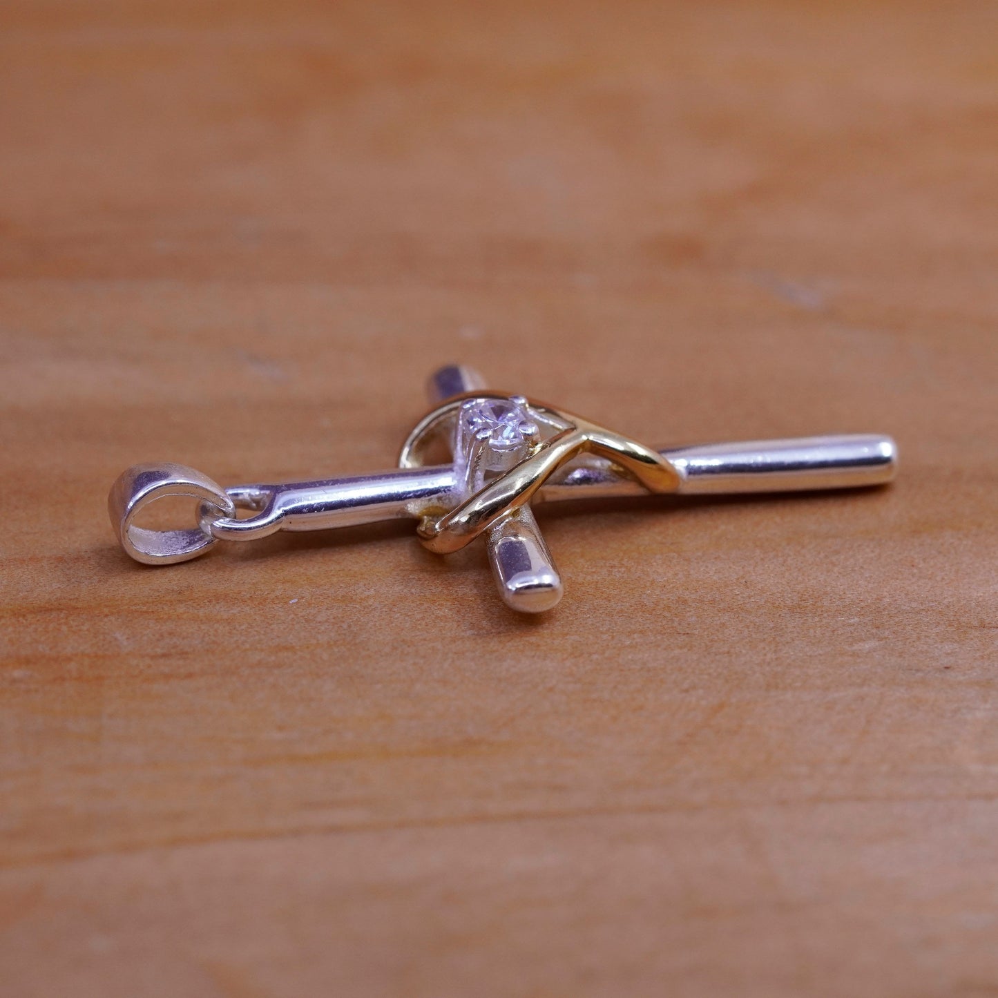 Vintage Sterling silver handmade pendant, 925 cross with heart and cz