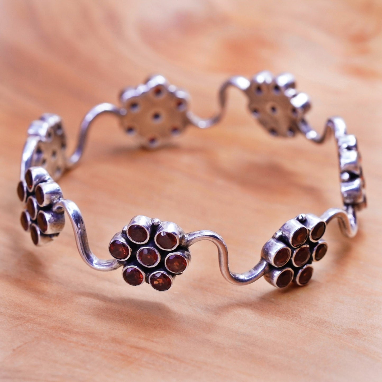7.5”, southwestern Sterling silver handmade bracelet, 925 bangle ruby flower
