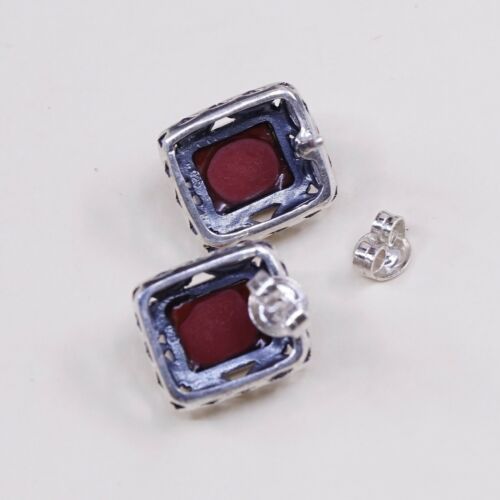 Vtg Handmade 925 Sterling Silver Red Onyx Studs Earrings W/ Filigree Detuals