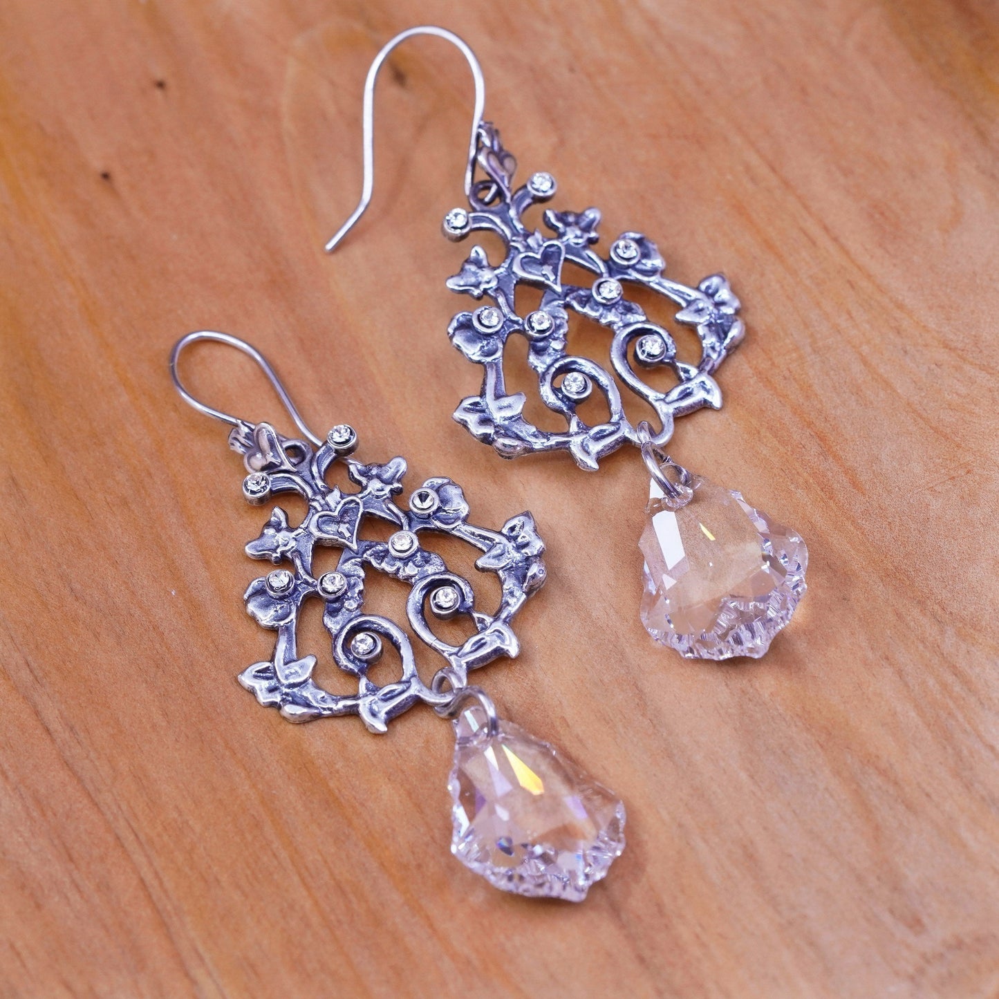 Vintage Sterling 925 silver handmade floral vine earrings with teardrop crystal
