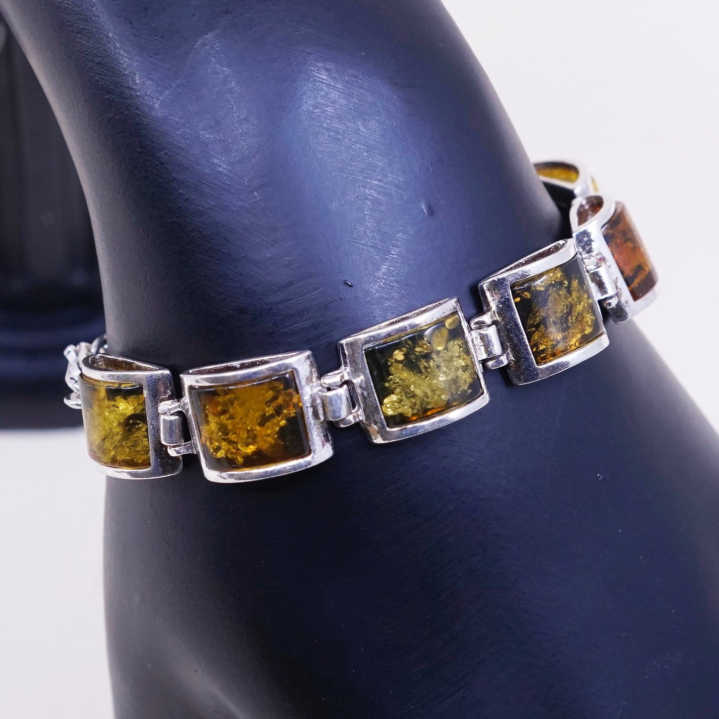 5.75”, Vintage sterling 925 silver handmade tennis bracelet with amber
