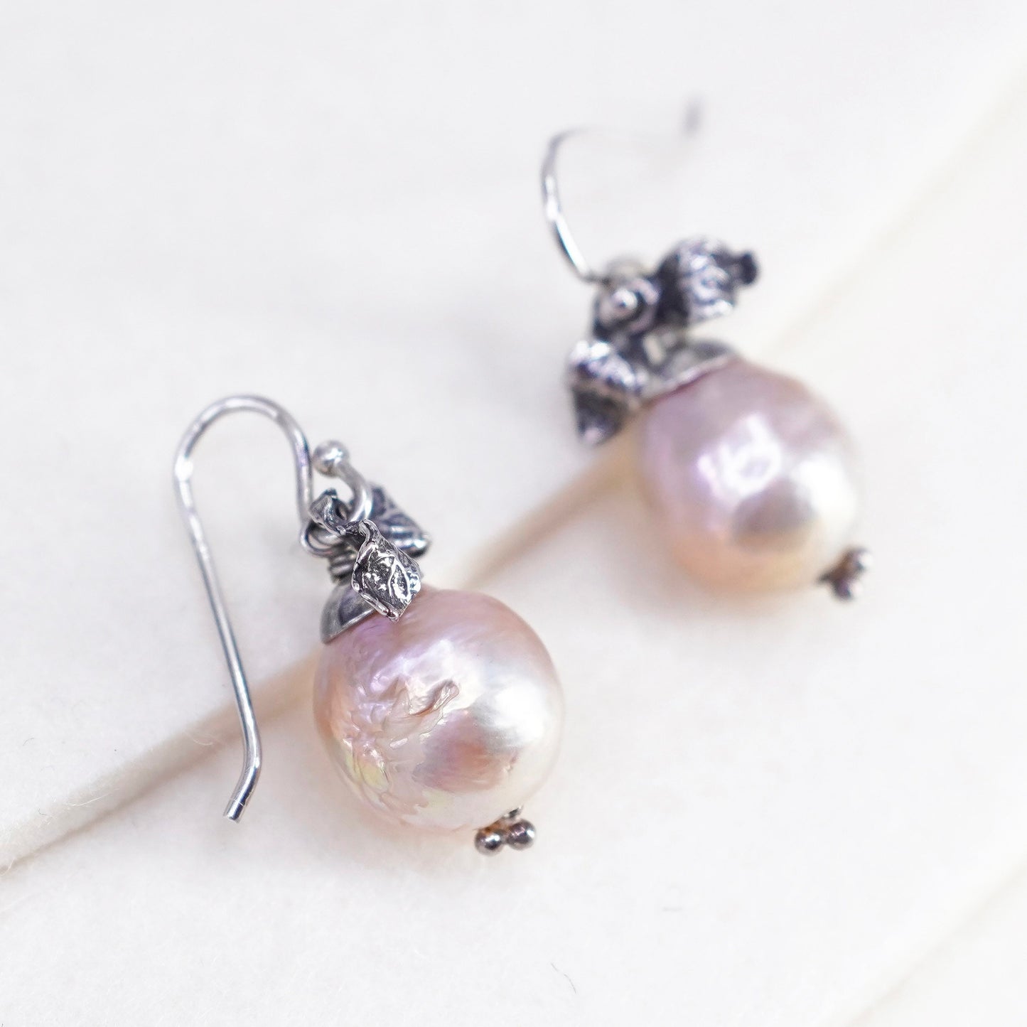 Vintage sterling 925 silver handmade earrings with real pink pearl and leafy