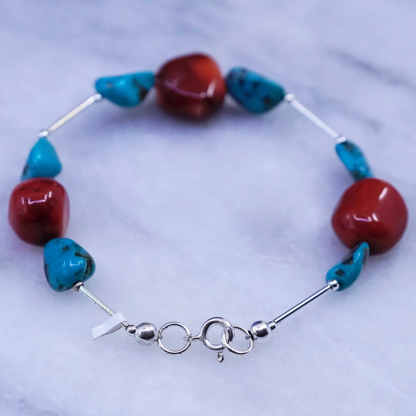 7”, sterling 925 silver handmade bracelet with turquoise and coral beads