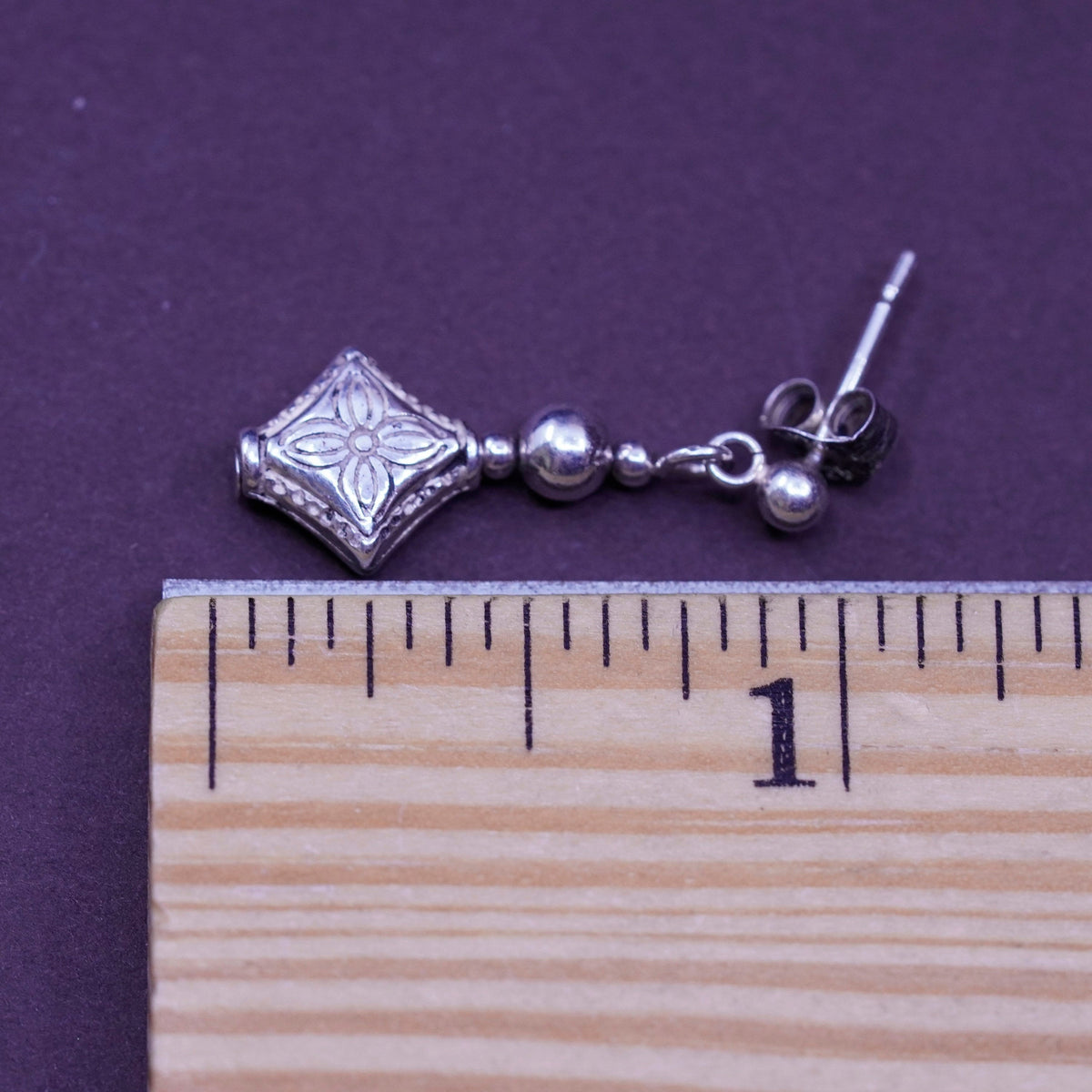 Vintage Sterling silver handmade earrings, textured 925 diamond dangled