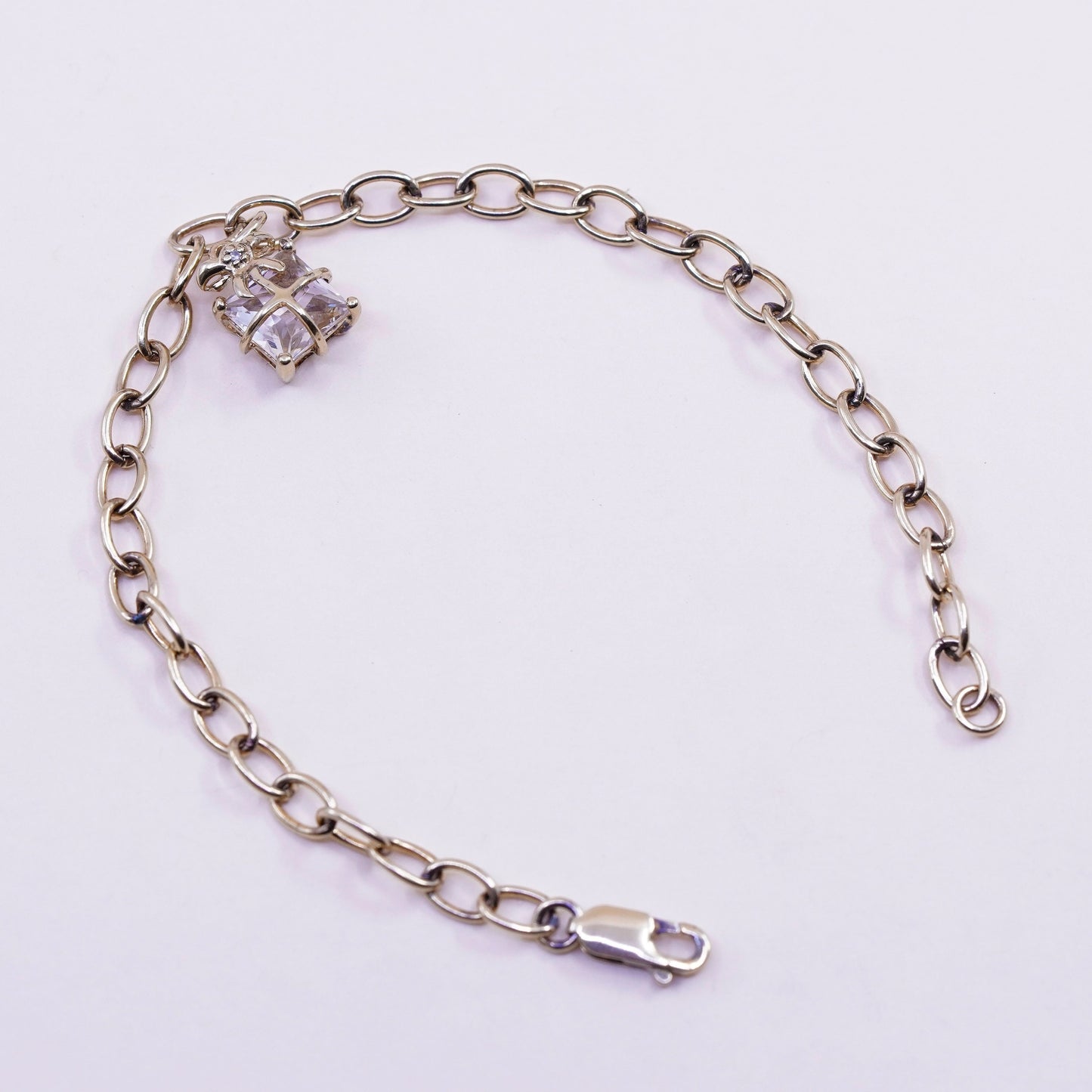7.5”, vtg Vermeil gold over Sterling silver circle chain bracelet box charm cz