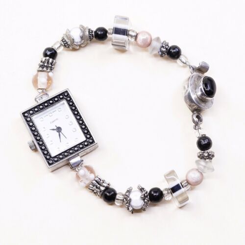 6.5”, Vtg Watch With Handmade Sterling 925 Silver Clasp And Beads Bracelet Band