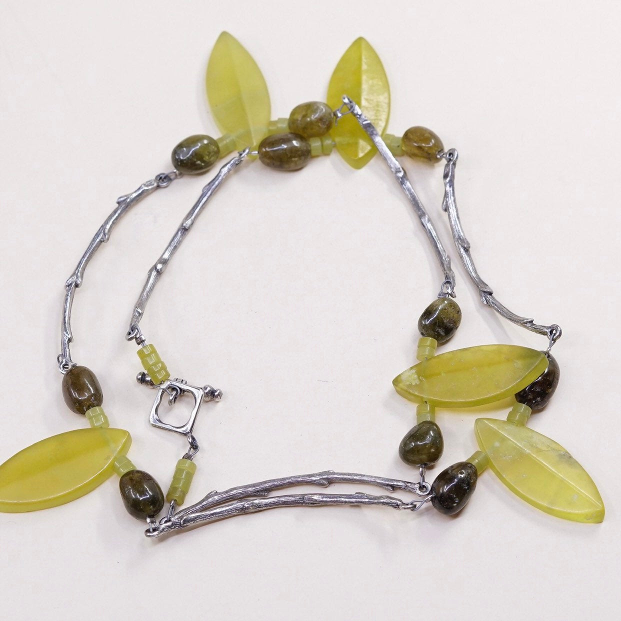 24”, Sterling silver necklace, solid 925 silver flatten bar chain w/ jade