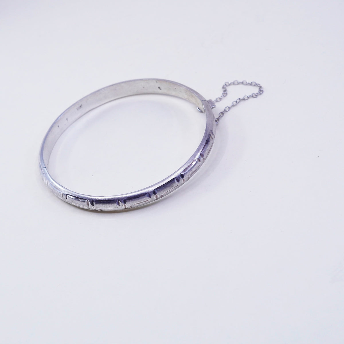 7.5”, sterling silver bracelet, Matt textured 925 hinged bangle N secure chain