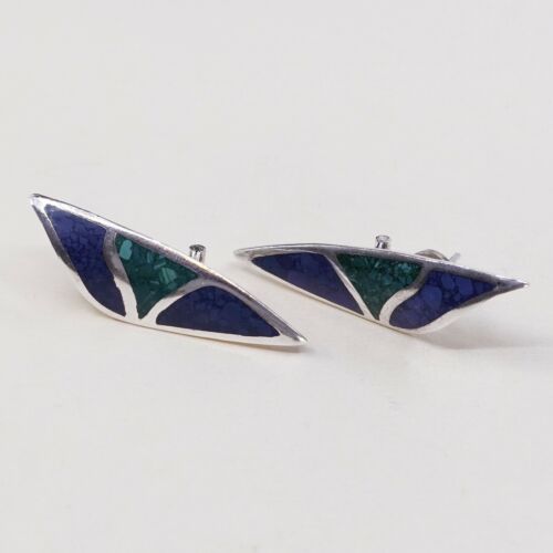 1.75”, Vtg Sterling Silver Handmade Earrings, Modern 925 Studs W/ Turquoise