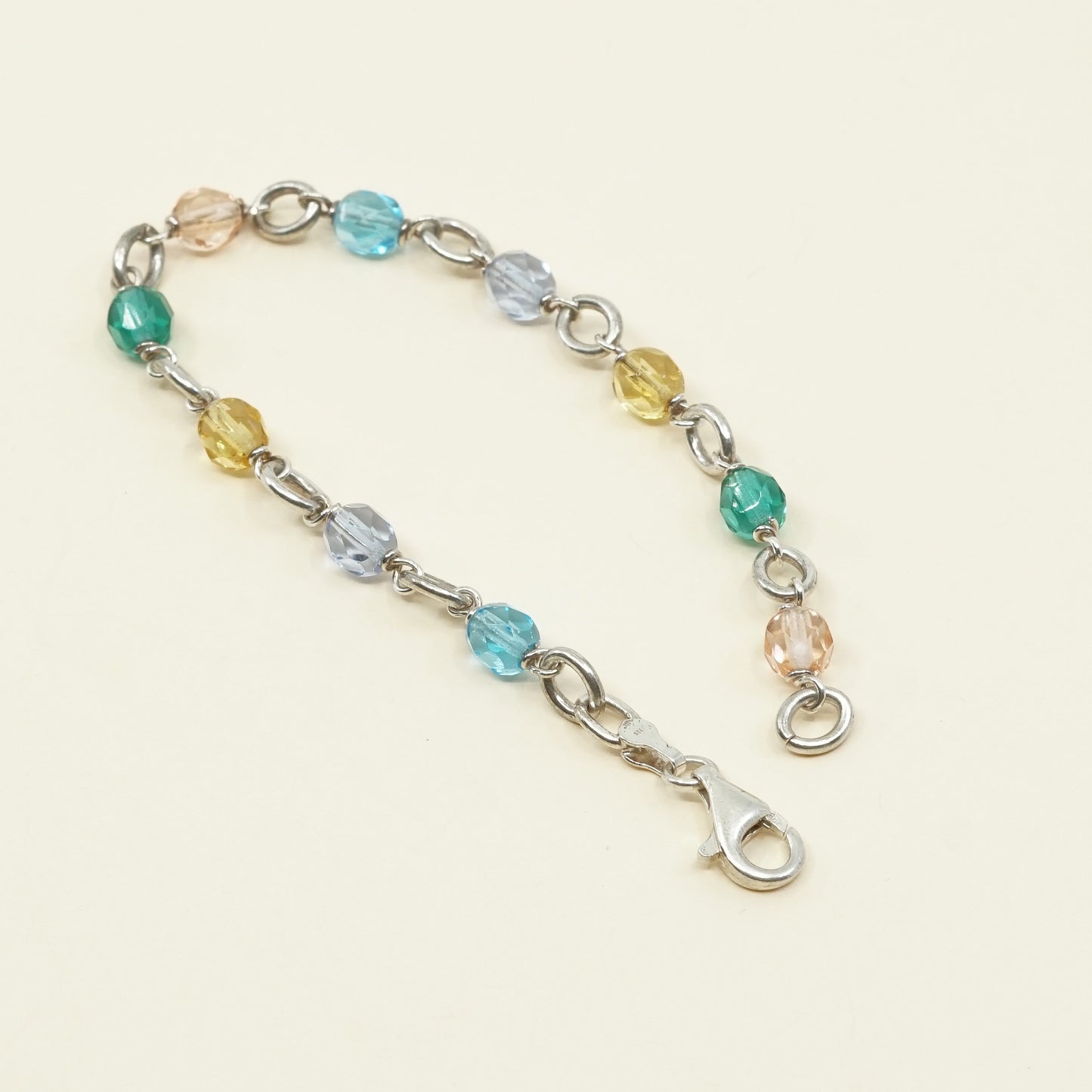 7.25", VTG Sterling silver handmade bracelet, 925 beads w/ colorful crystal