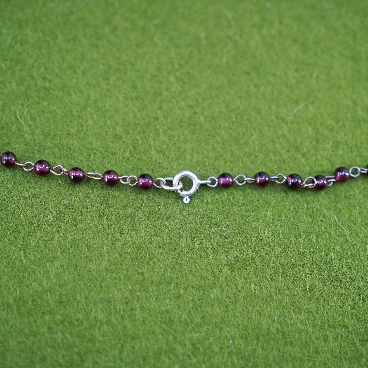 16”, sterling 925 silver necklace, garnet beads with marcasite and ruby pendant