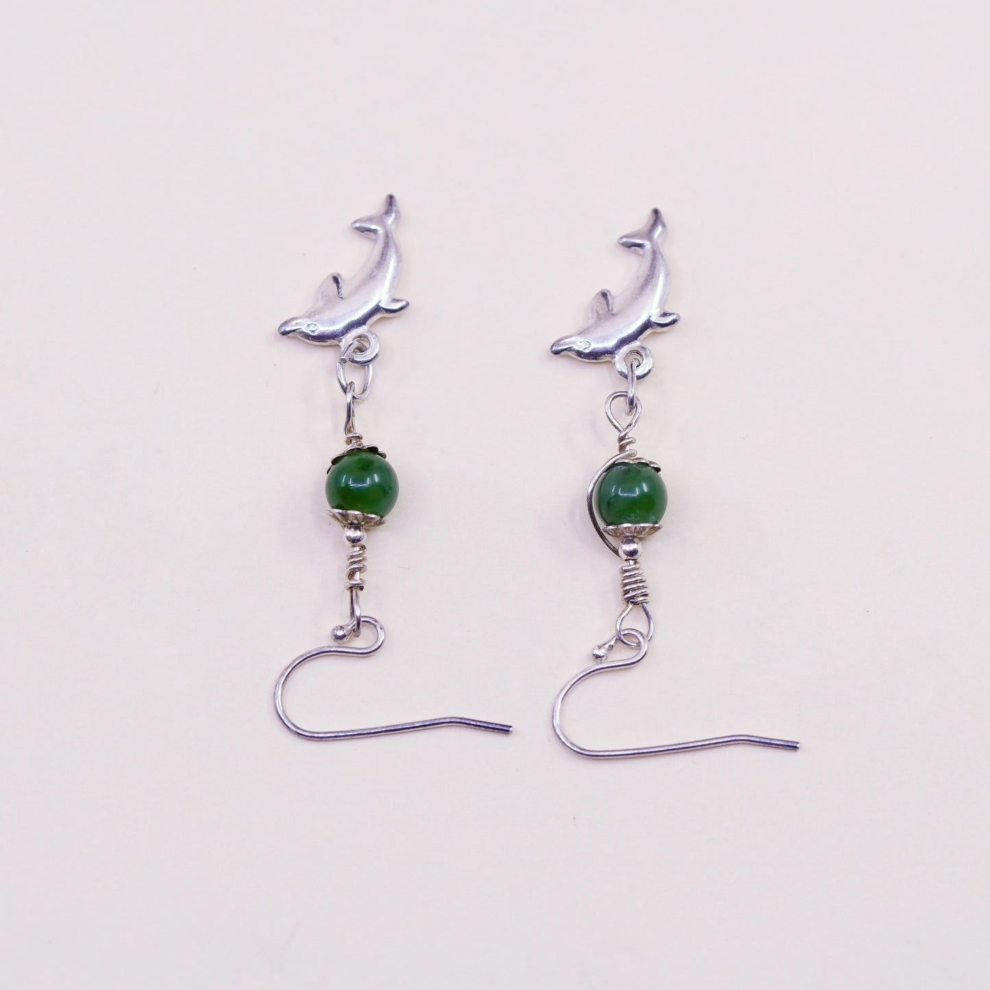 Vintage sterling 925 silver handmade dolphin drop earrings with jade bead