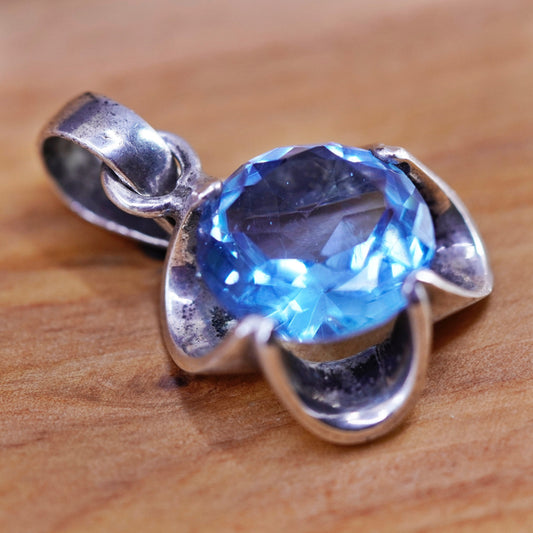 Vintage Sterling 925 silver handmade flower pendant with blue topaz