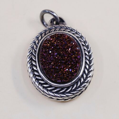 Vintage TH Sterling Silver Handmade Pendant, 925 Silver W/ Oval Agate Druzy