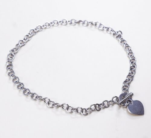 18” 8mm, Vtg 925 Sterling Silver Handmade Bold Circle chain Heart Charm necklace