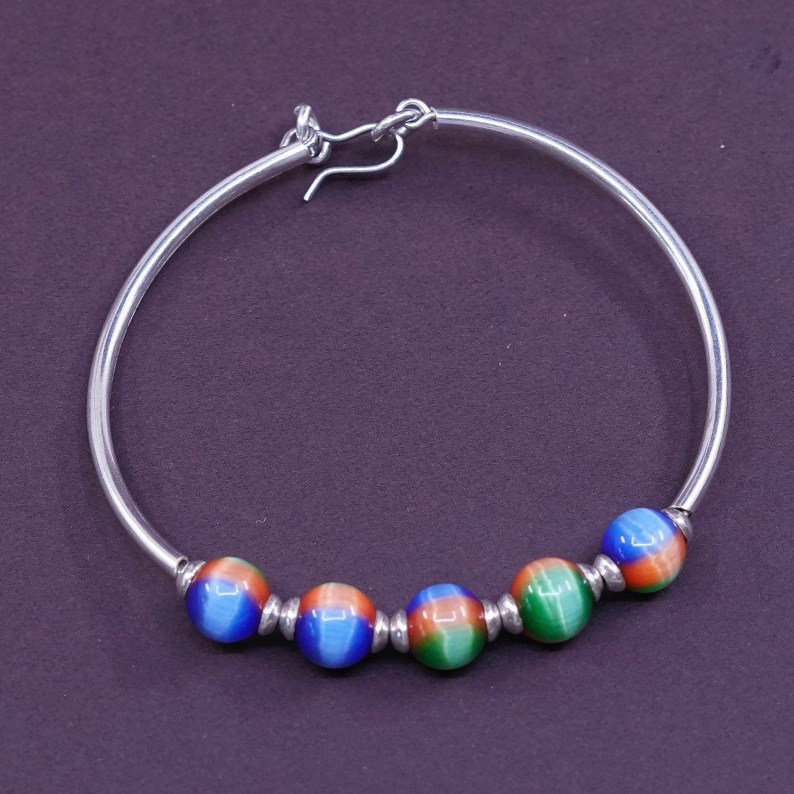 7”, vtg Sterling silver handmade bracelet, 925 hinged bangle w/ tiger eye beads
