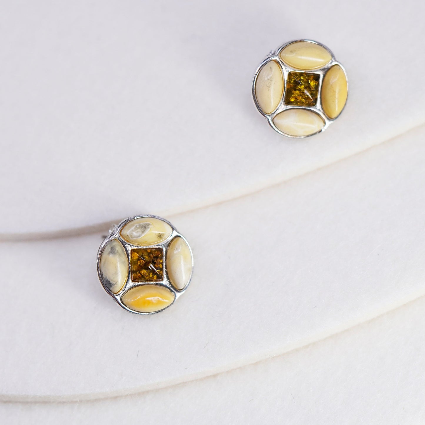 Vintage Sterling 925 silver handmade earrings, studs with Amber inlay