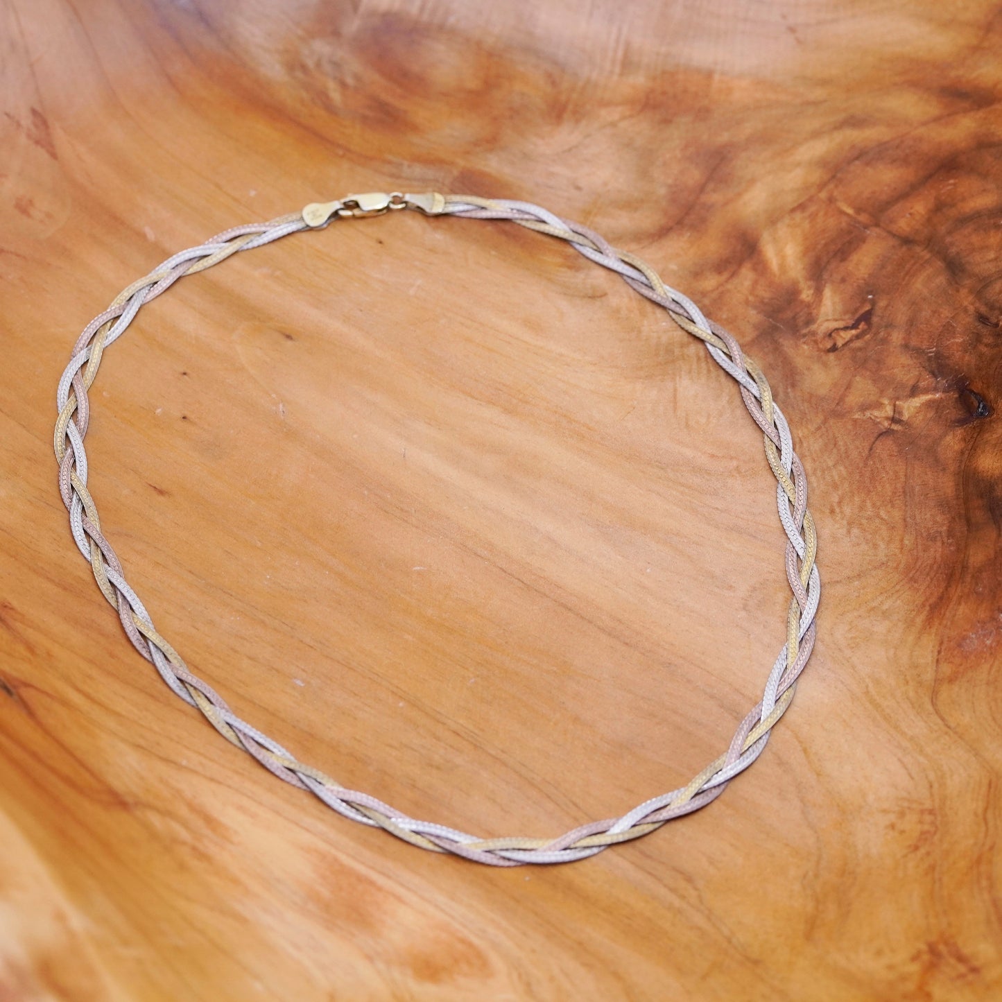 18”, triple tone Sterling silver necklace, 925 woven braided herringbone chain
