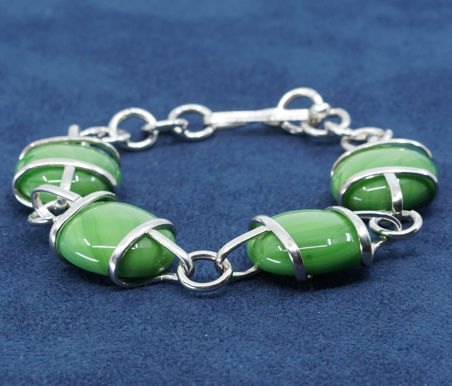 7.25", vtg sterling silver handmade bracelet, agate beads N 925 toggle closure