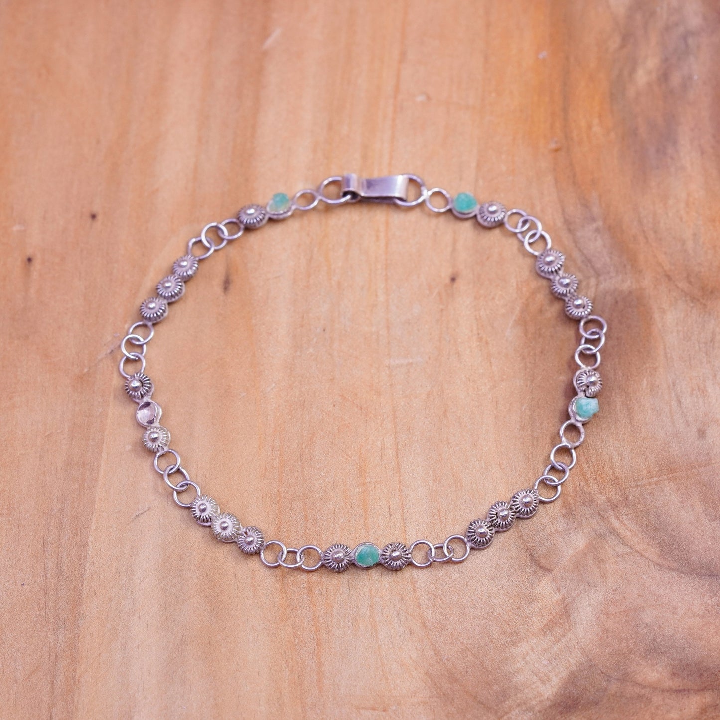 7.25”, Vintage Mexico Sterling silver handmade bracelet, 925 flower links jade