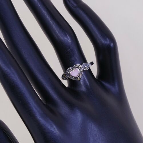 Sz 6.5, Sterling Silver handmade Ring, 925 Silver W/ Pink Mop Heart n marcasite