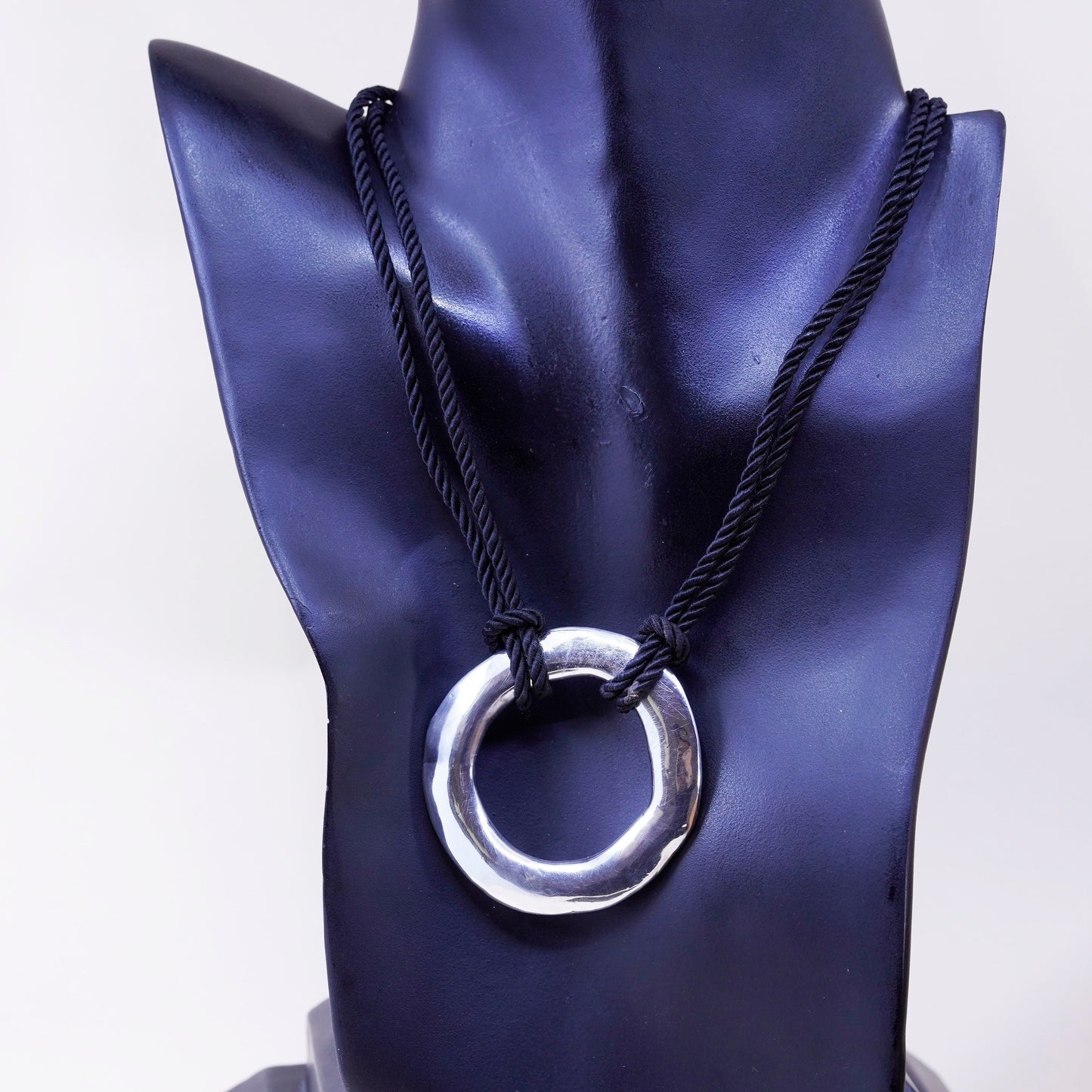 16”, vtg Sterling 925 silver circle pendant with black silk rope chain necklace