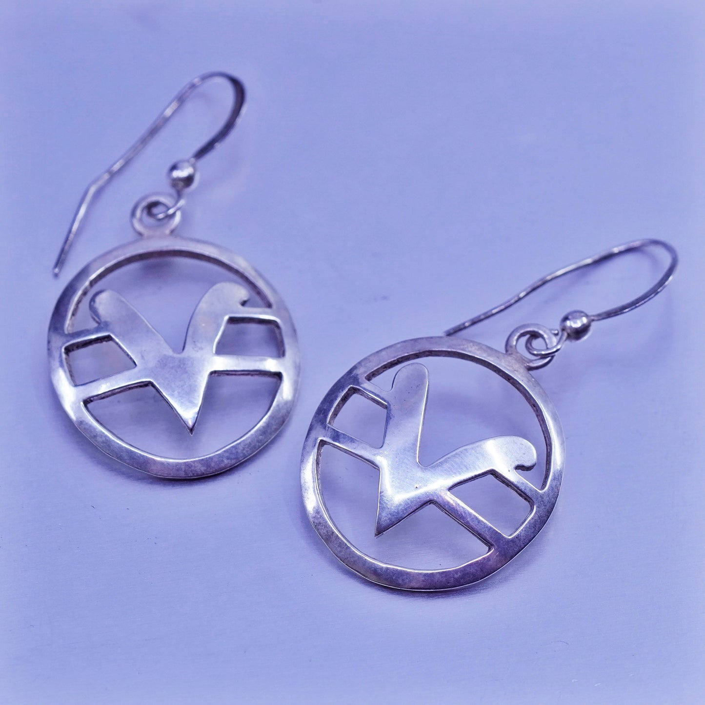 vintage Sterling silver handmade earrings, 925 circle dangles with initial “V”