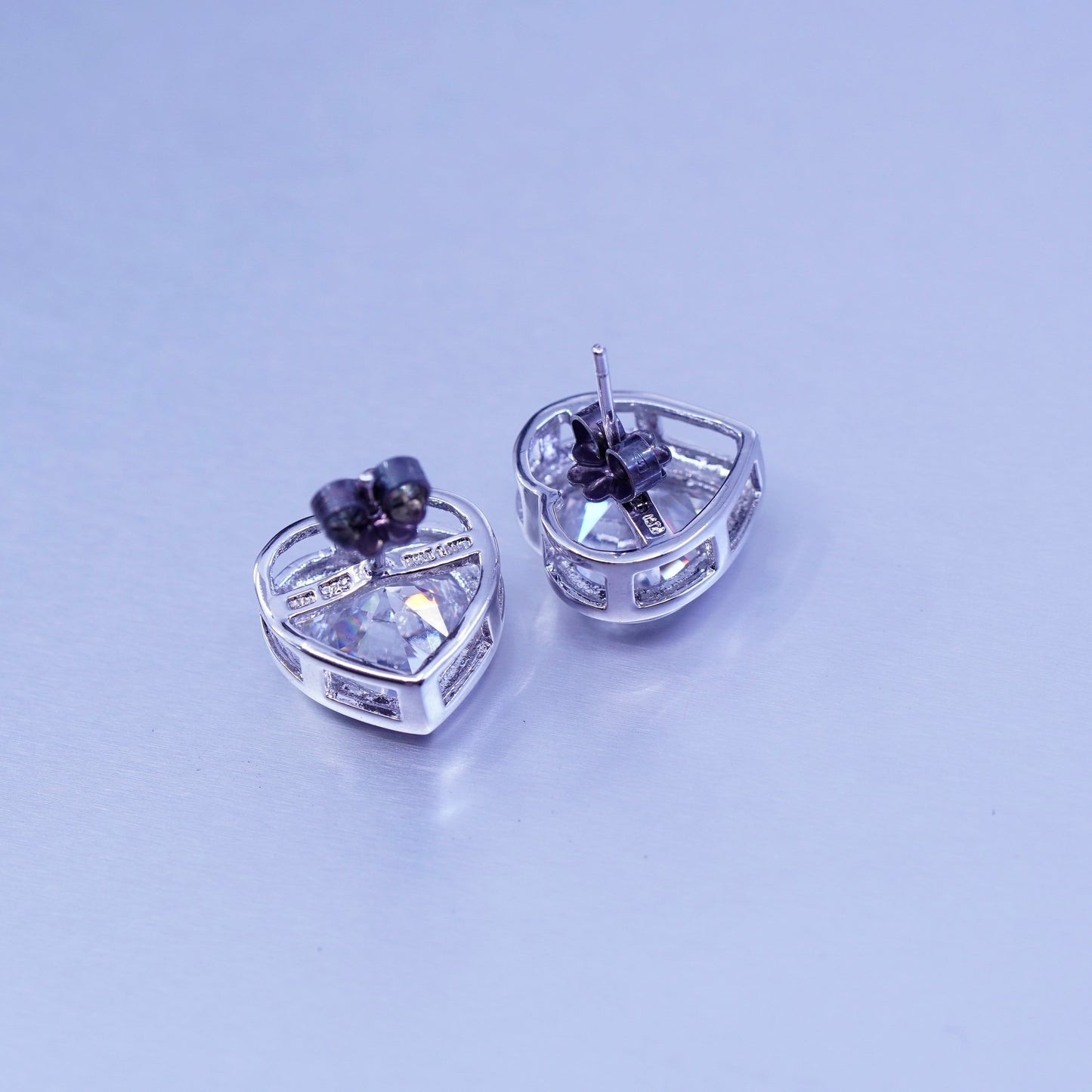 Vintage FJH Sterling 925 silver handmade earrings, heart studs with Cz