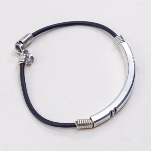 7.25” Vtg Mexico Black Rubber Handmade Bracelet W/ Sterling 925 Silver Slide Bar