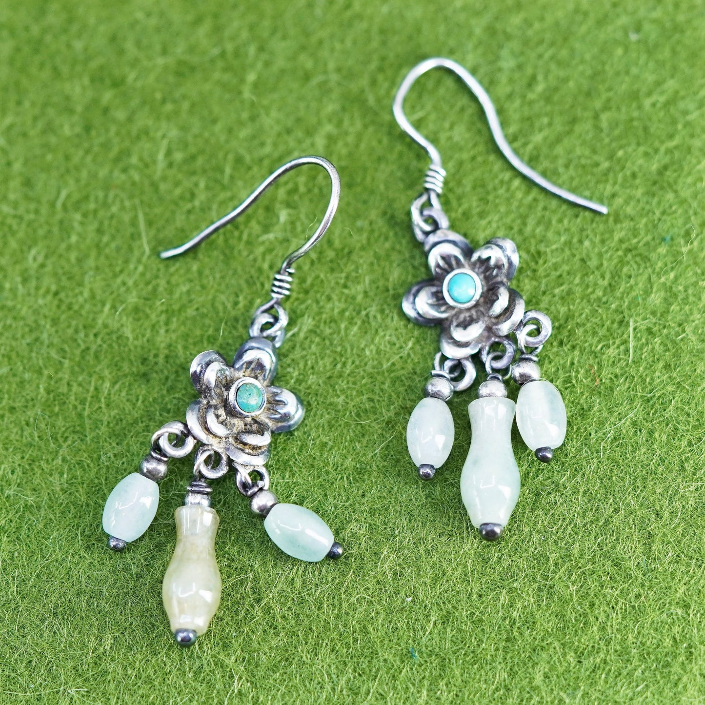 Native American Sterling 925 Silver Handmade flower earrings w/ turquoise jade