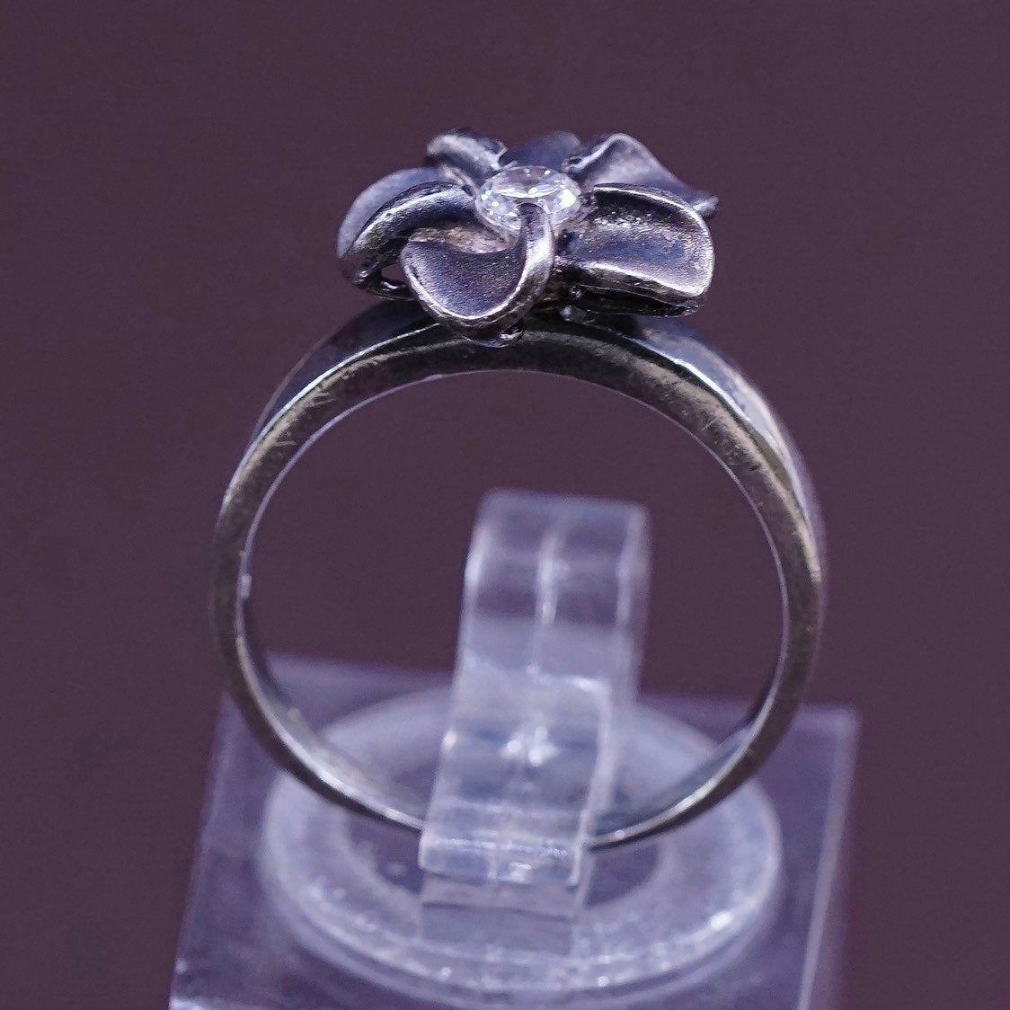 sz 5, vtg Sterling silver flower ring, modern 925 w/ Cz