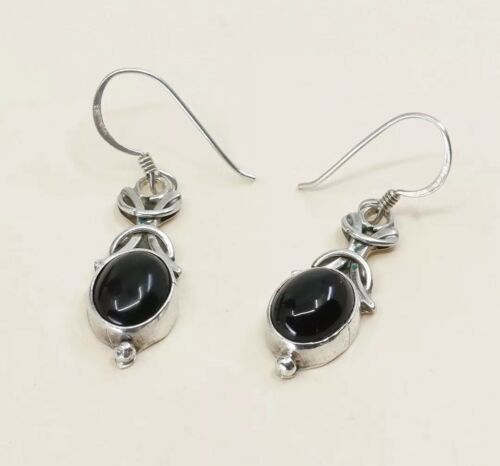 Vintage Sterling Silver Handmade Earrings, 925 Silver Dangles W/ Obsidian Inlay