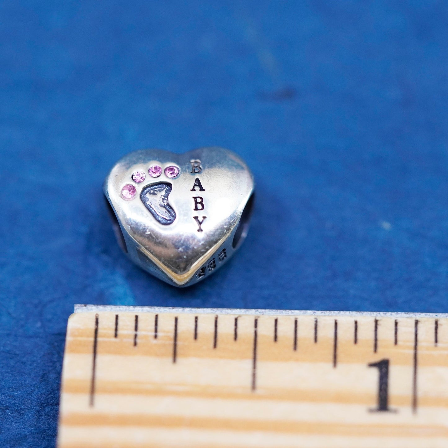 Vintage sterling silver handmade charm pendant, 925 heart bead embossed “baby”