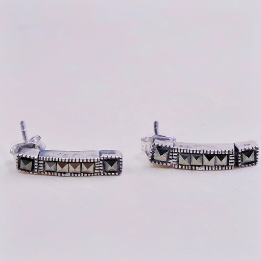 Vintage sterling 925 silver handmade elongated earrings with marcasite