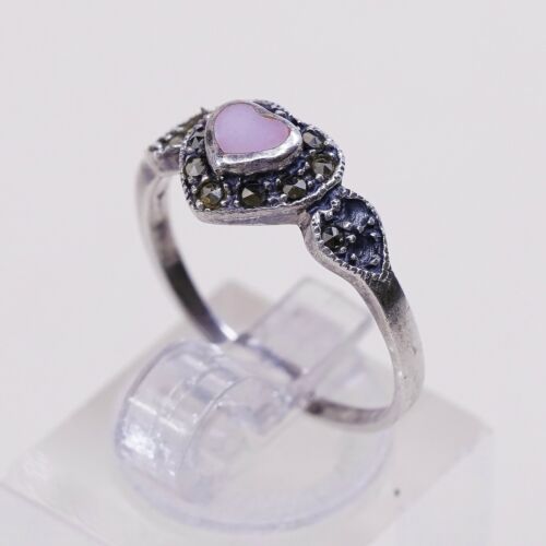Sz 6.5, Sterling Silver handmade Ring, 925 Silver W/ Pink Mop Heart n marcasite