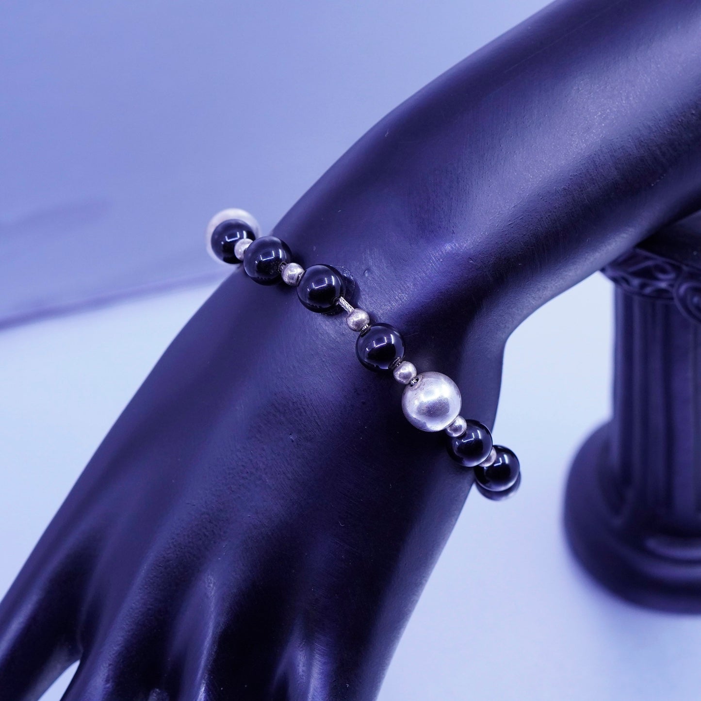 6.5”, vintage bali Sterling 925 silver bracelet with obsidian beads