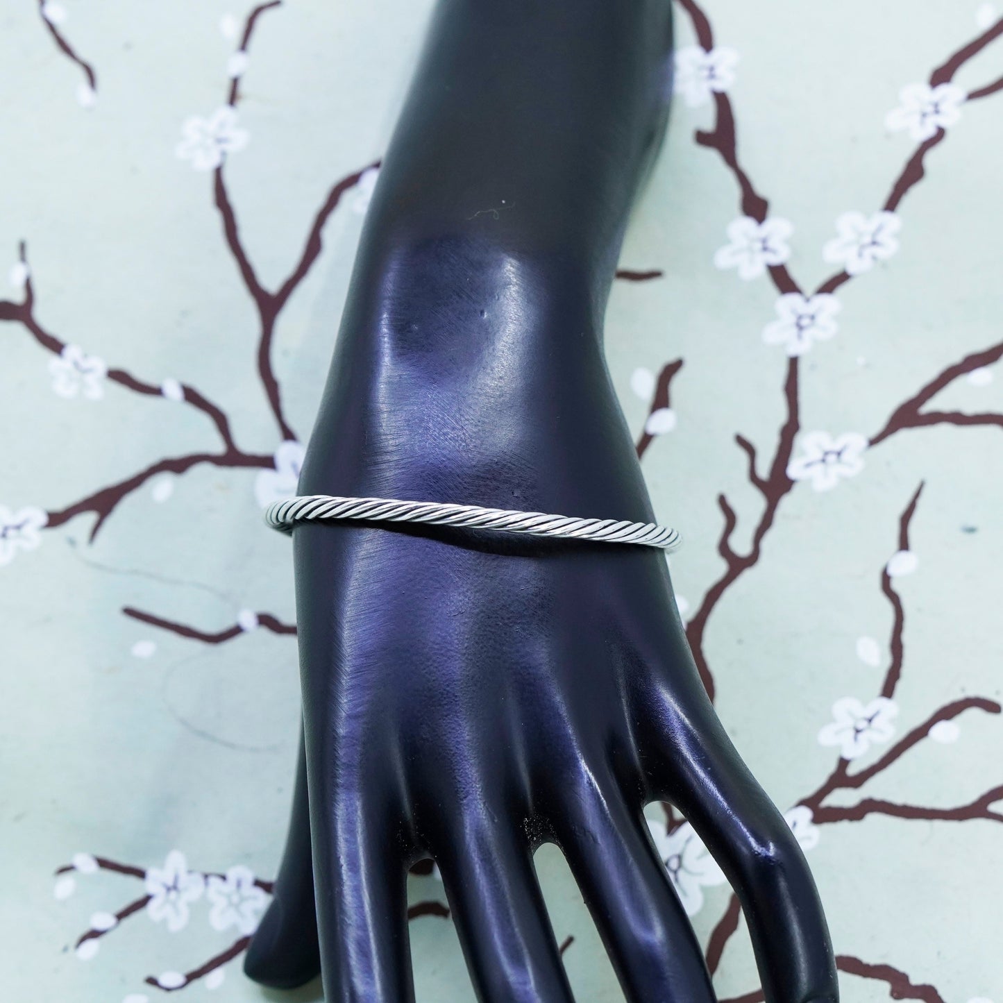 7.25”, vintage Sterling silver handmade cuff, 925 cable bracelet with amethyst