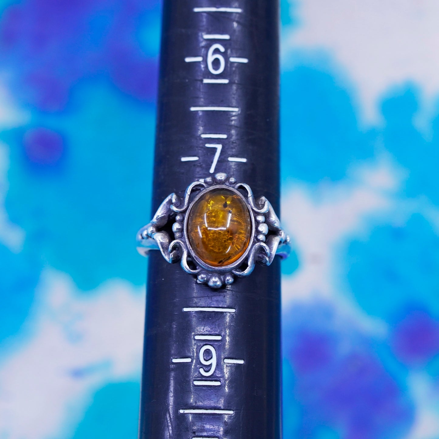 Size 7.75, vintage sterling 925 silver handmade ring with oval Amber and beads