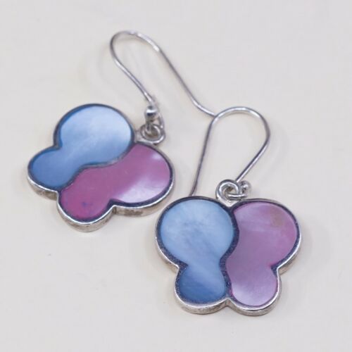 STERLING 925 SILVER Handmade Earrings W/ Blue N Pink Butterfly MOTHER OF PEARL