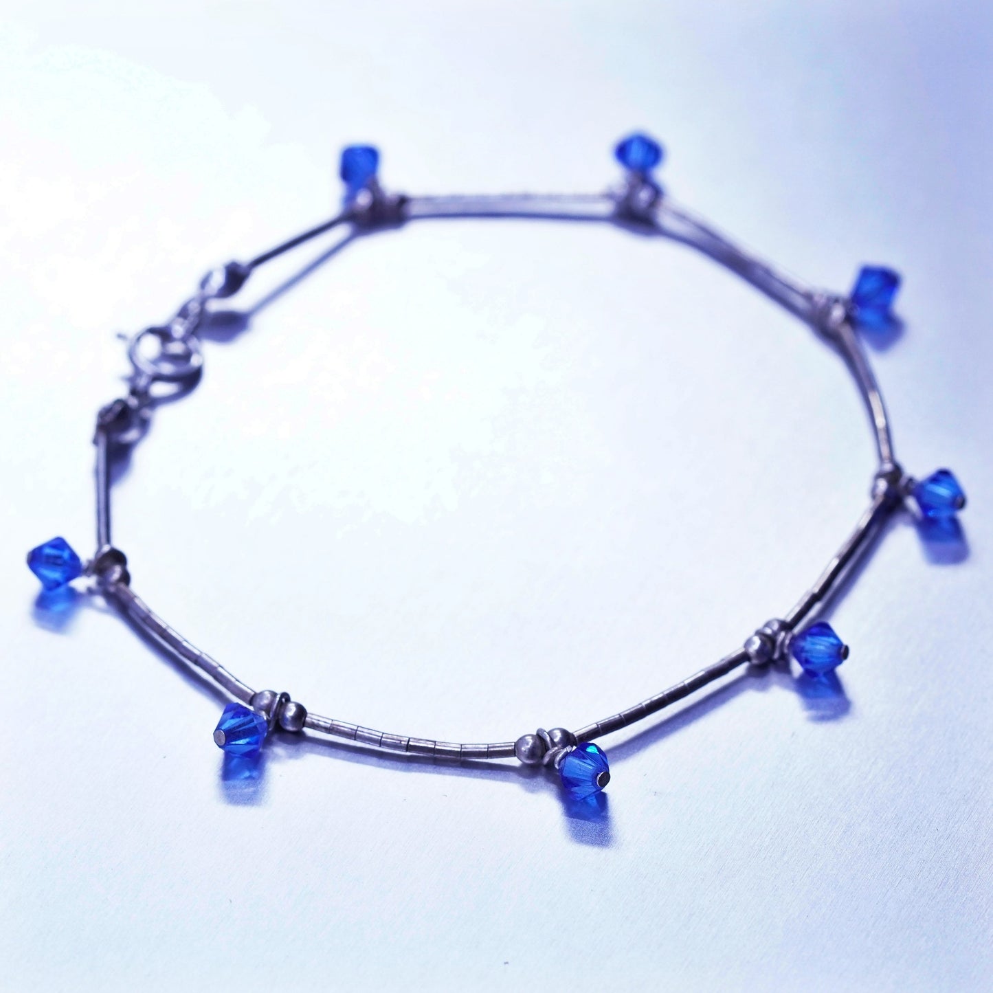 7”, Sterling 925 silver handmade bracelet, liquid chain w/ blue crystal charms